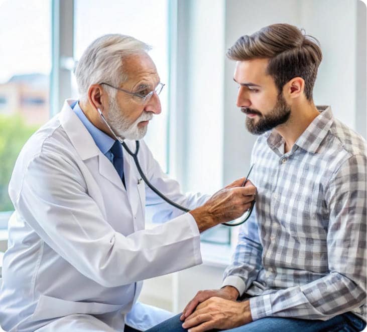 A doctor checks a patient's heartbeat with a stethoscope during a medical consultation in a well-lit office.