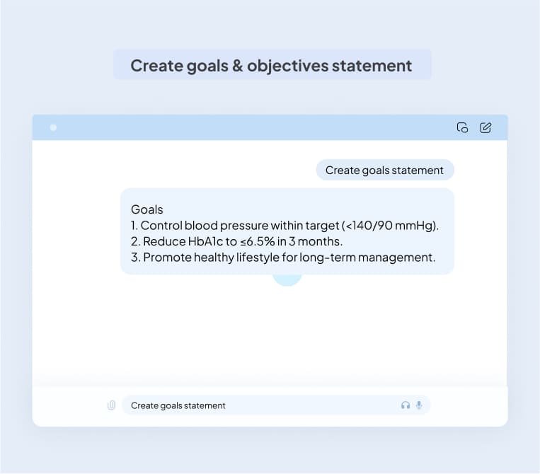 Screenshot of a digital interface displaying case management goals: control blood pressure, reduce HbA1c, promote a healthy lifestyle.