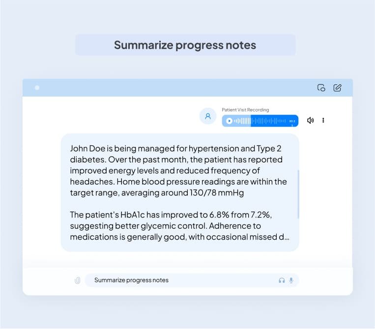 Patient visit summary using case management software highlighting improvements in energy, reduced headaches, stable blood pressure, and better glycemic control.