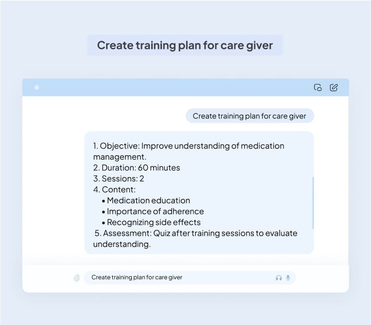 Training plan for caregivers: focus on medication management, with sessions on education, adherence, side effects, and an assessment quiz.
