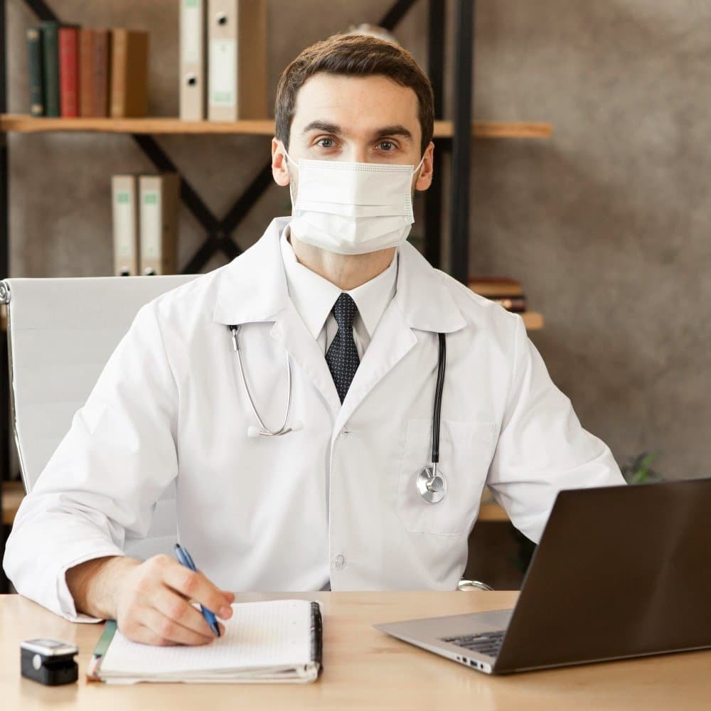A doctor in a white coat seated at a desk with a laptop, writing in a notebook, surrounded by shelves of books.