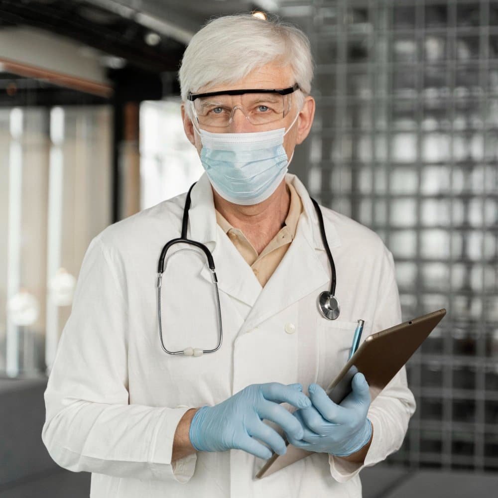 A doctor wearing a white coat and blue gloves holds a tablet, ready to engage in medical practice, set in a modern clinic.