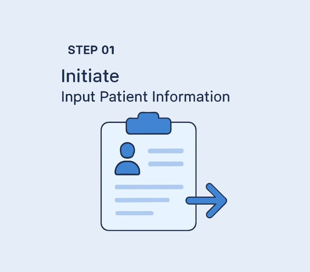 Graphic illustrating the initiation of patient information input with a clipboard and an arrow indicating process flow.
