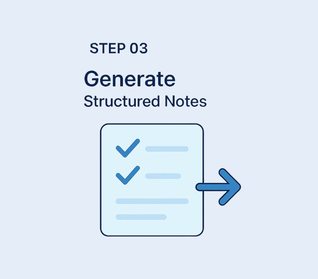 Generate structured notes, illustrated by a checklist and an arrow indicating output.