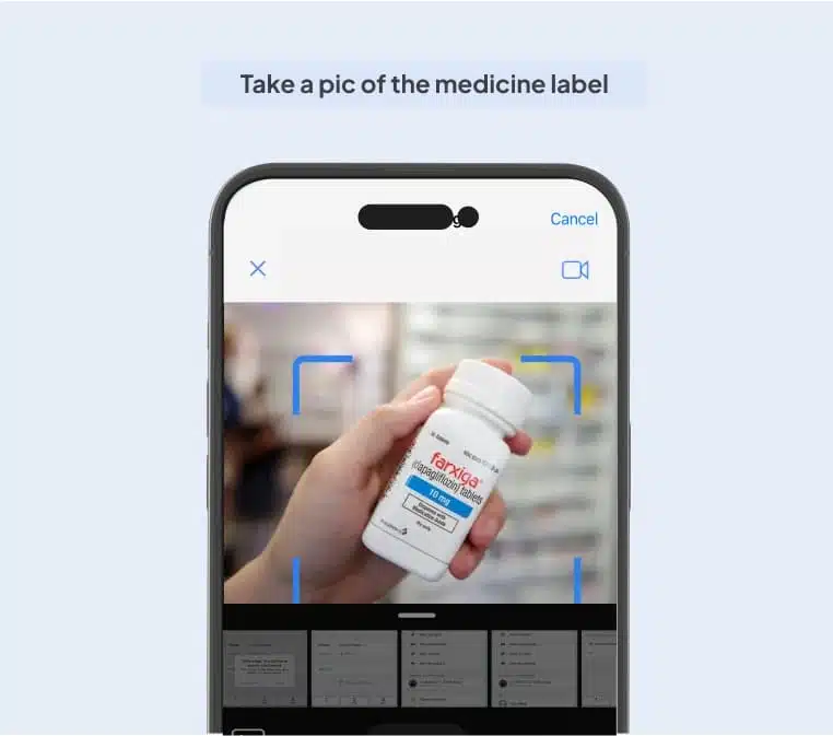 A person with a smartphone capturing the labels of a medicine bottle for medical charting.