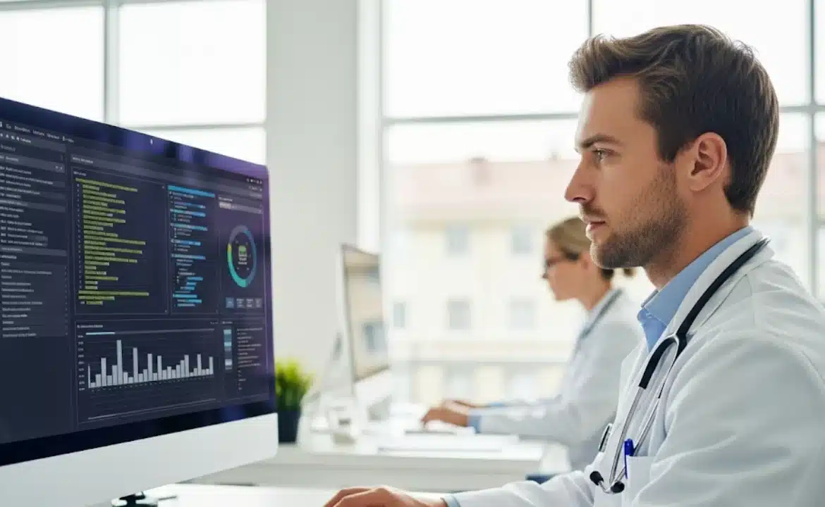 A doctor analyzes medical coding data on a computer screen, utilizing AI technology for enhanced accuracy.