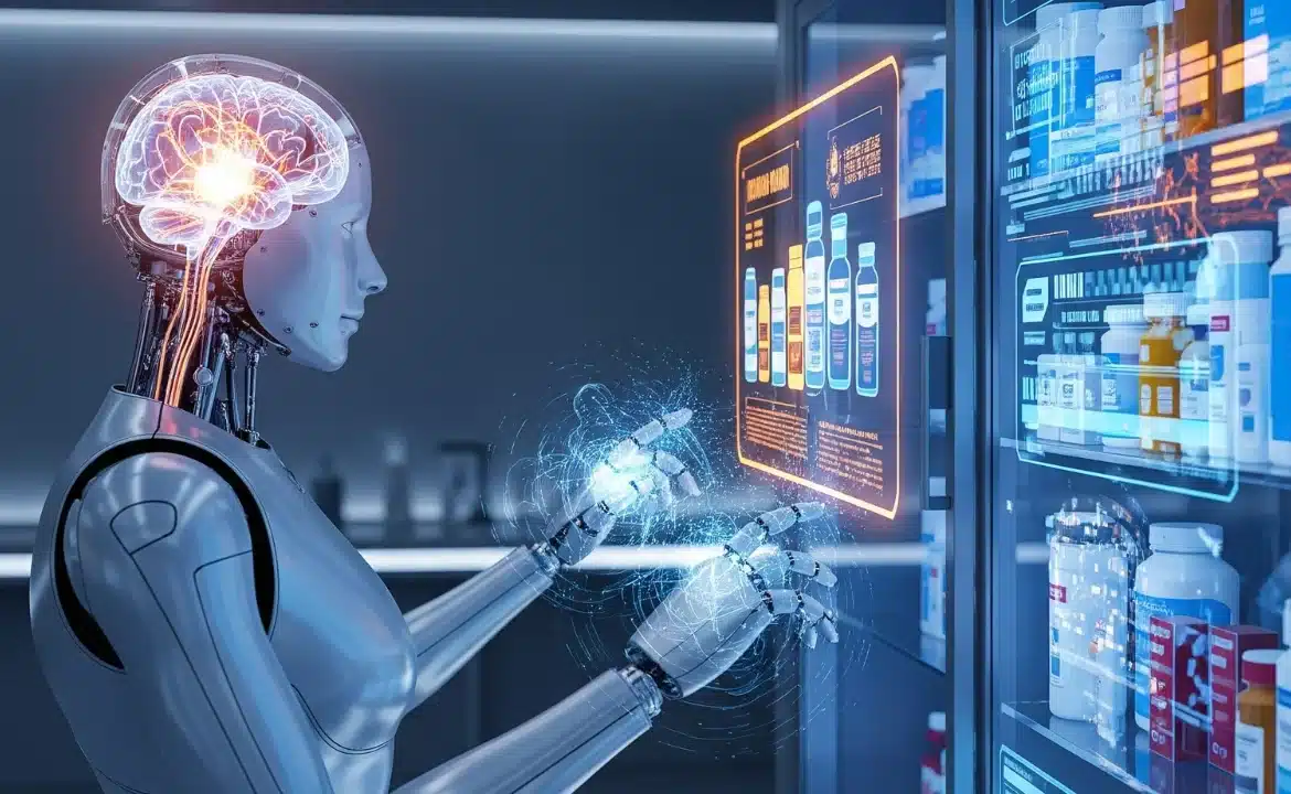 A robot examines a refrigerator displaying various medication pills, highlighting AI's role in medication management.