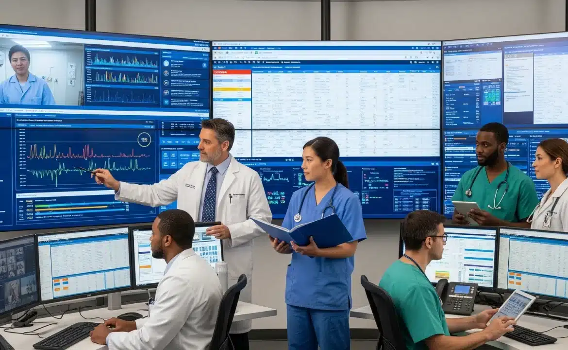 A group of doctors and nurses stands in front of multiple monitors, discussing the 5 Rights of Clinical Decision Support.