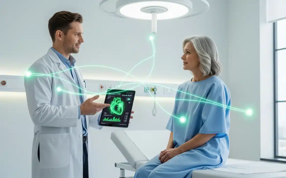 A doctor shows a tablet to a patient, highlighting AI Patient Engagement technology in a healthcare setting.