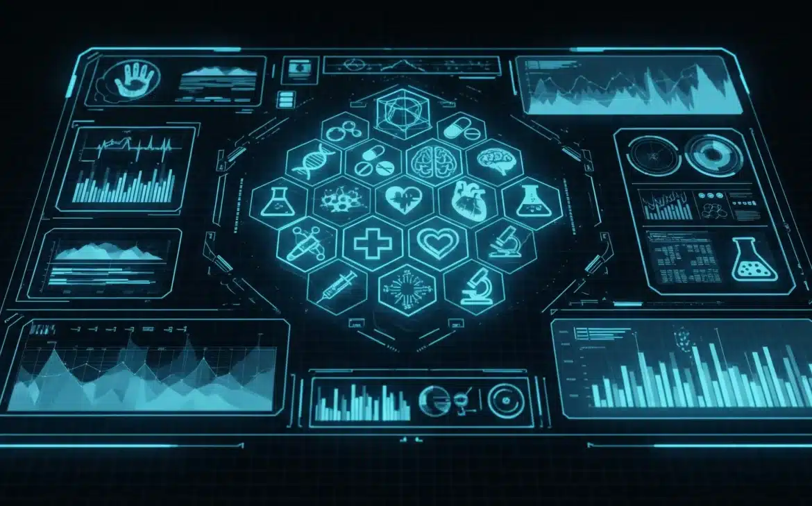 Futuristic interface displaying various icons and data related to EHR data migration.