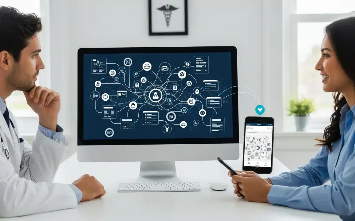 Visual representation of two people in a room with a computer and phone, focusing on Semantic Interoperability in Healthcare.