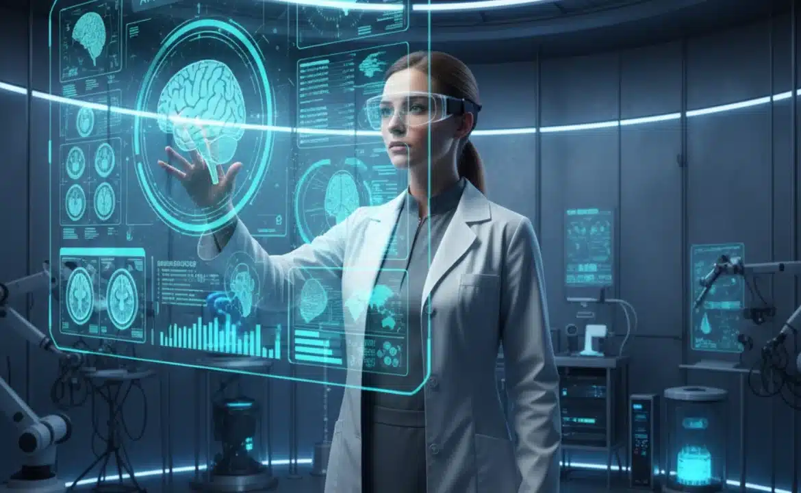 A woman in a lab coat stands before a futuristic interface, showcasing free AI medical codes mapping tools.
