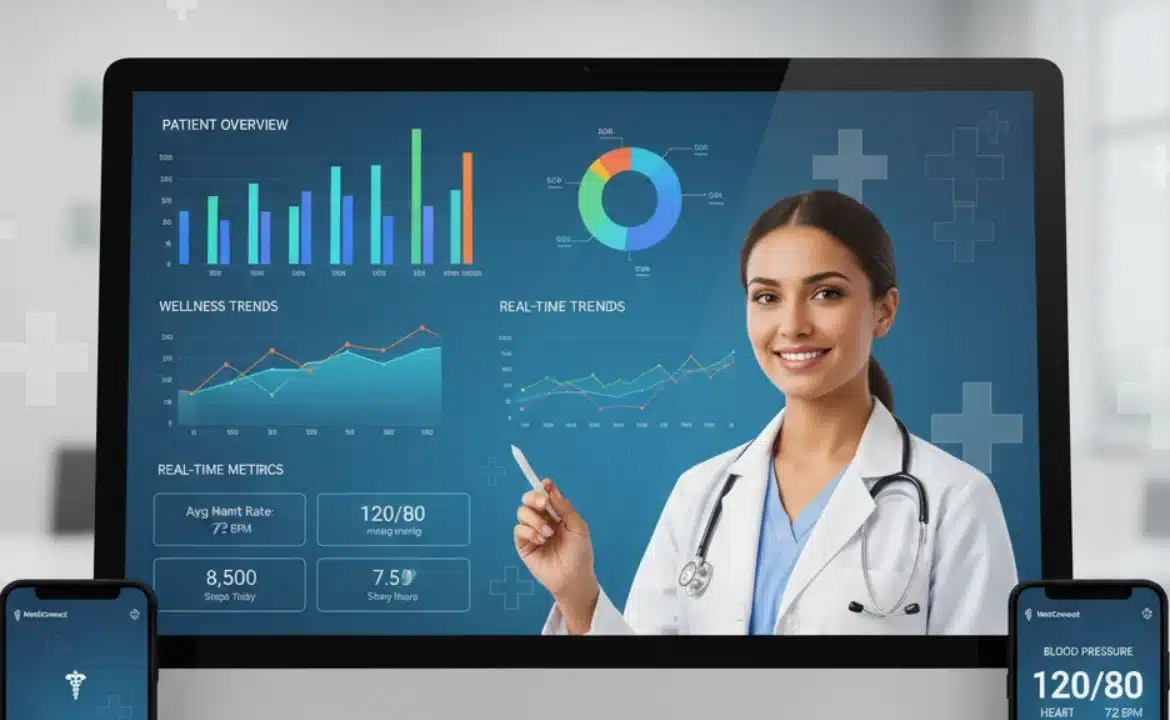 A woman in a white coat sits on a desk, using a laptop and phone, representing a top-rated EHR system.
