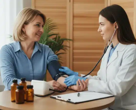 A woman receives a blood pressure check from her doctor, emphasizing the benefits of effective care coordination.
