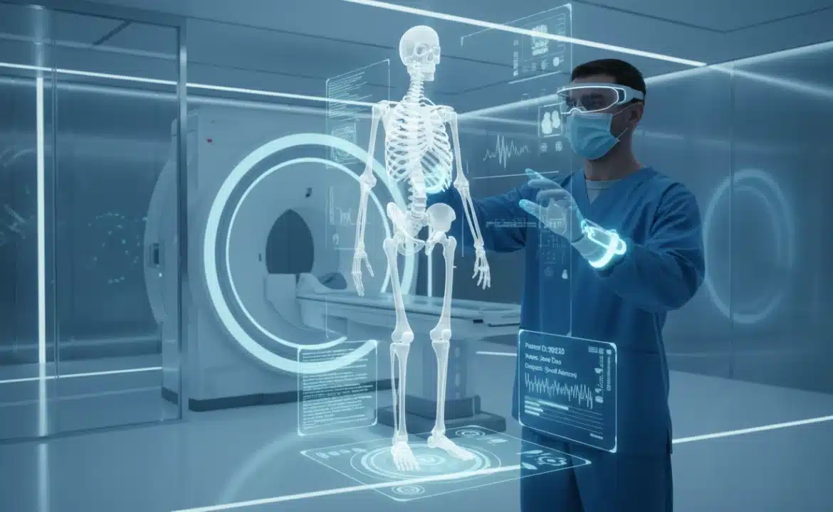 A man in a hospital gown stands before a digital skeleton, highlighting advancements in clinical operations efficiency.