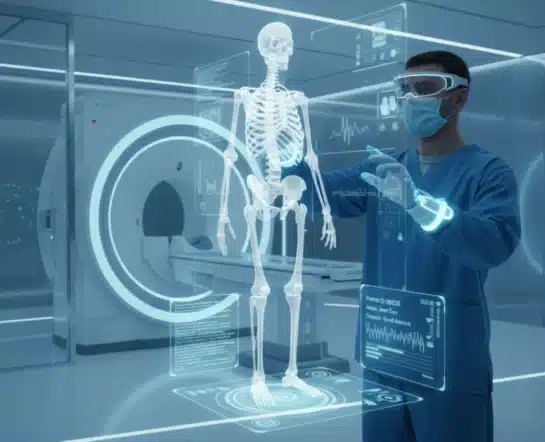 A man in a hospital gown stands before a digital skeleton, highlighting advancements in clinical operations efficiency.